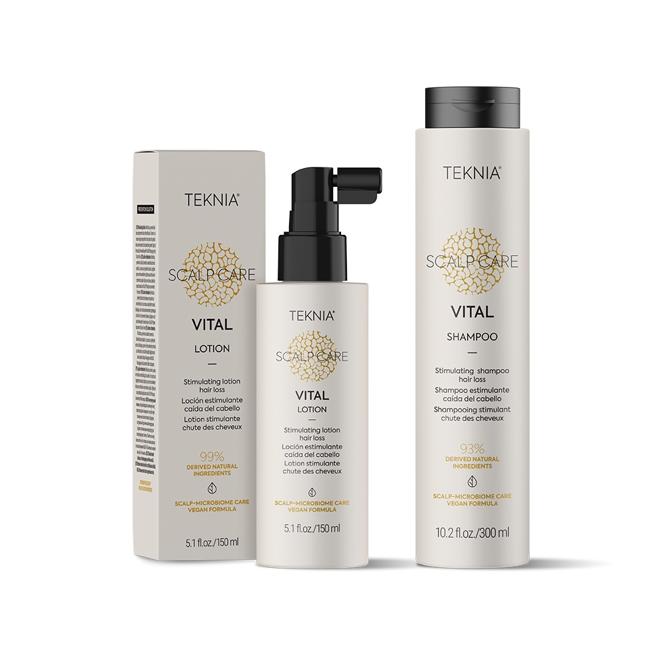 Pack para el tratamiento de la caída del cabello Vital de Teknia (50 €). Este pack, formado por un champú y una loción, ayuda a prevenir y regular la caída del cabello, así como estimular su crecimiento. Su fórmula se basa en BIOME Oléoactif® que refuerza la microbiota del cuero cabelludo, y un activo natural orgánico procedente de la cúrcuma que estimula el crecimiento capilar y engrosa y texturiza el cabello. Conviene aplicar el ritual completo al menos 3 veces a la semana: primero se lava el pelo y después se aplica la loción en el cuero cabelludo, sin aclararla.