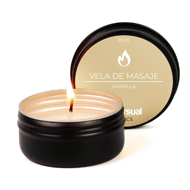 Vela de masaje aromática. Vela de masaje vegana con aroma de vainilla disponibles en otros aromas: fresa con champagne, melocotón y frutas tropicales. Añade ese toque extra de excitación y placer a cualquier masaje erótico. Precio: 6,40€