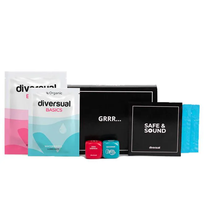 Secret Box 1. Kit erótico con lo esencial para una velada en pareja. Incluye preservativos, monodosis de lubricante y aceite de masaje y un juego de dados eróticos. Ideal para una escapada o llevártelo de viaje. Precio: 7,90€