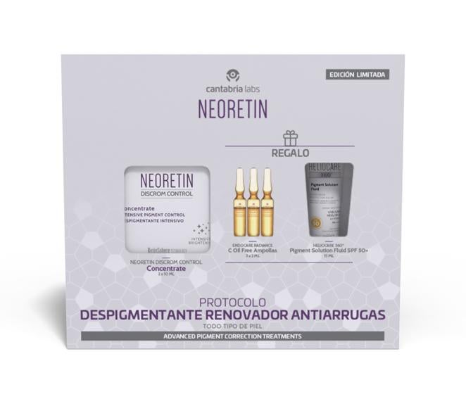 Protocolo para pieles con manchas y arrugas de Cantabria Labs (39,30 € en Farmacia Galileo). Incluye la crema Neoretin Discrom Control Concentrate formulada con activos despigmentantes y ácido glicólico, que ayuda a reducir las manchas y la hiperpigmentación. Las ampollas Endocare Radiance C Oil, que no dejan residuo graso, y el fluido fotoprotector Heliocare 360º Pigment Solution SPF 50+, que puedes usar a diario, y que te protegerá de las cuatro radiaciones.