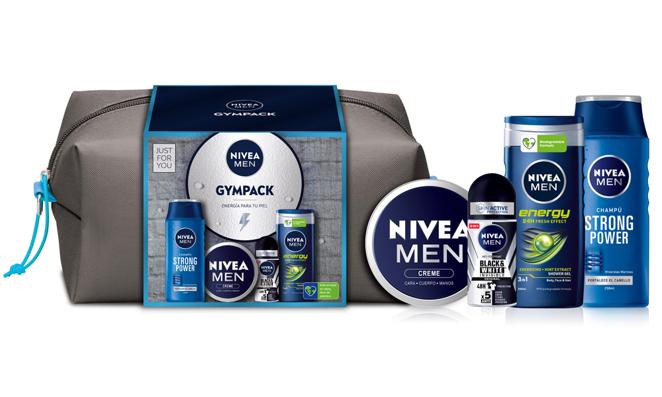 Nivea Men Gym Pack (10,99 €). Todo lo necesario para una rutina de belleza después del gimnasio está reunida en este neceser, que contiene el champú Nivea Men Strong Power, el roll-on antitranspirante Nivea Men Black &amp; White Invisible Original, el ge de ducha Nivea Men Energy y la crema hidratante Nivea Men Creme.