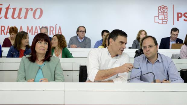 Micaela Navarro, Pedro Sáchez y César Luena en un Comité Federal