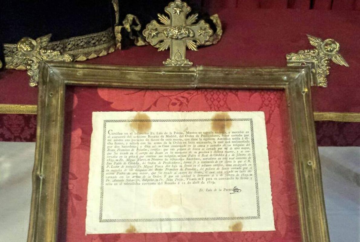 Certificado de autenticidad de la reliquia del Beato Francisco de Posadas