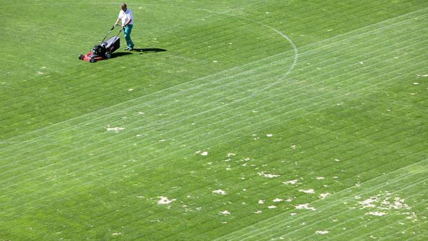 Huecos y tierras en el césped del estadio El Arcángel, este jueves