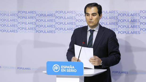 El presidente del PP de Córdoba, durante una comparecencia en la sede del partido