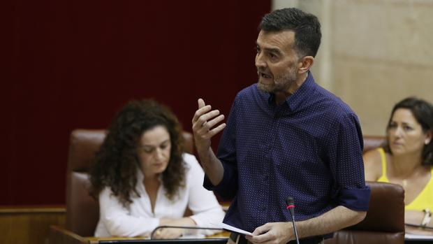 El portavoz de IU, Antonio Maíllo, durante su intervención en el Pleno del Parlamento