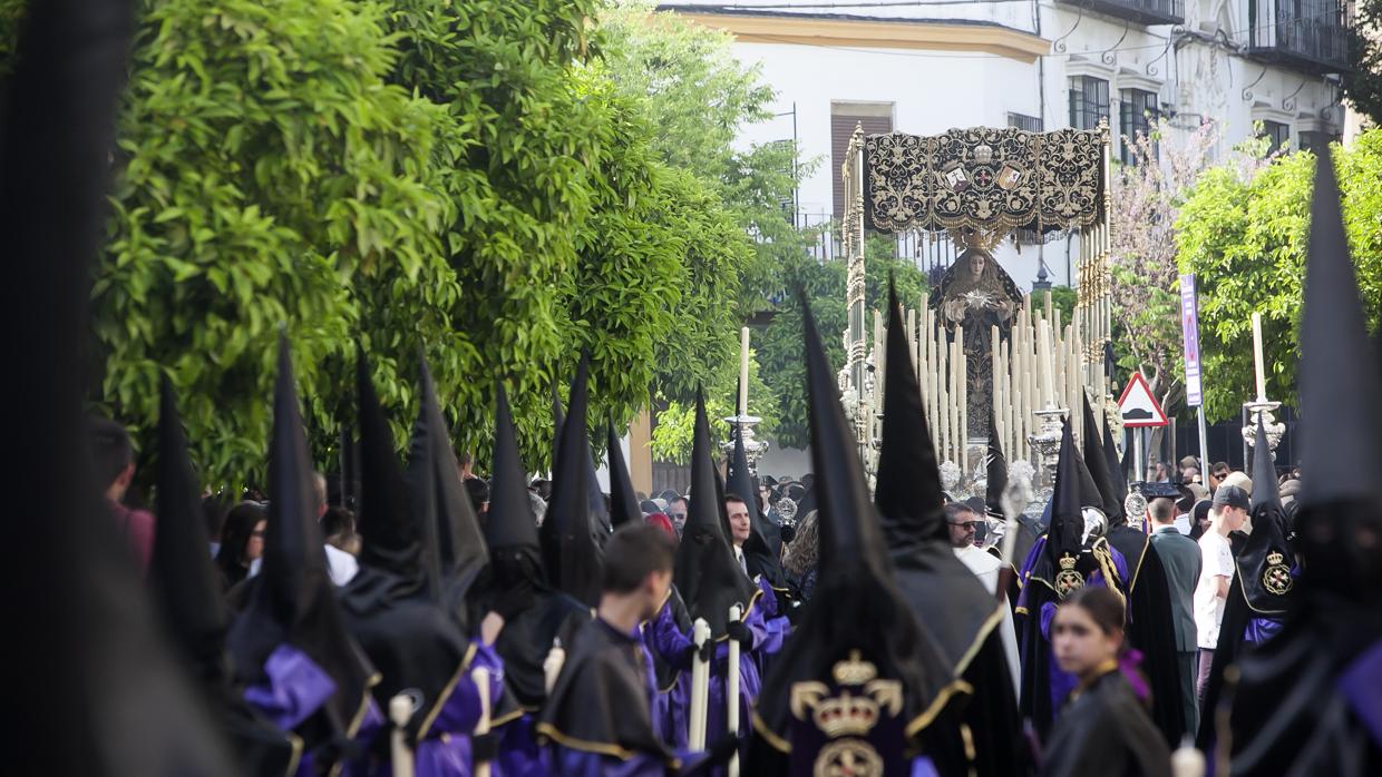 Hermandad de Jesús Caído, con la Virgen al fondo