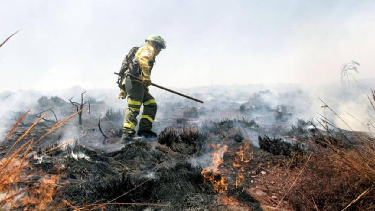 Miembro del Infoca, en labores de extinción del incendio del Paraje de la Alhambra