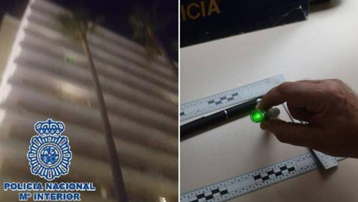 A la izquierda, el hotel de Torremolinos desde que el que deslumbraron a los pilotos. A la derecha, el puntero utilizado