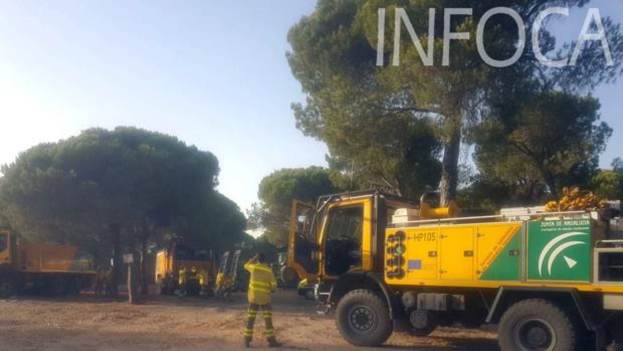 Bomberos del Plan Infonca, trabajando este martes en las tareas de control del incendio de Cartaya