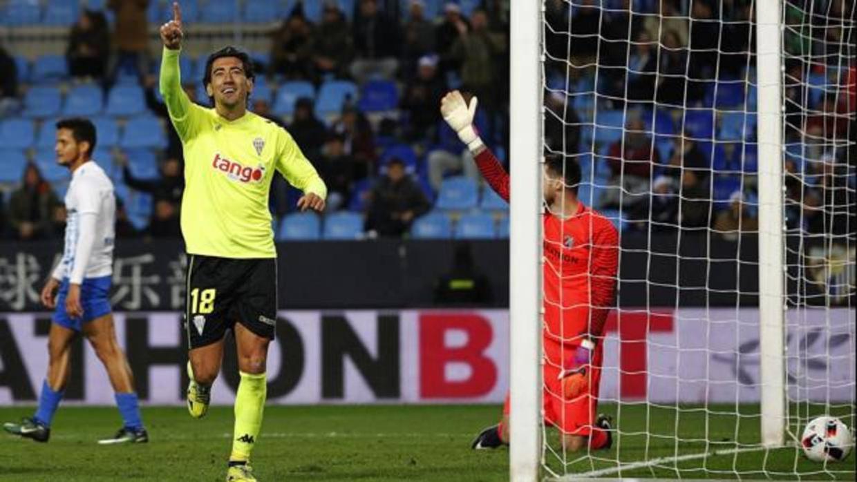 Pedro Ríos celebra uno de sus goles ante el Málaga en Copa el año pasado