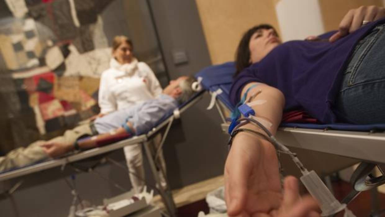 Dos personas donando sangre