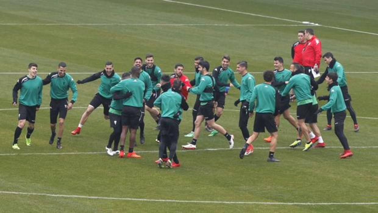 La plantilla del Córdoba CF trota en un entrenamiento en El Arcángel