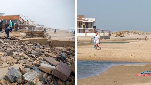 Ala derecha, destrozos causados en el club náutico Vera de Mar de La Antilla;a la izquierda, el mismo lugar tras los arreglos llevados a cabo