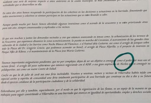 Texto de la alcaldesa en que se confunde a Villarrubia y Alcolea