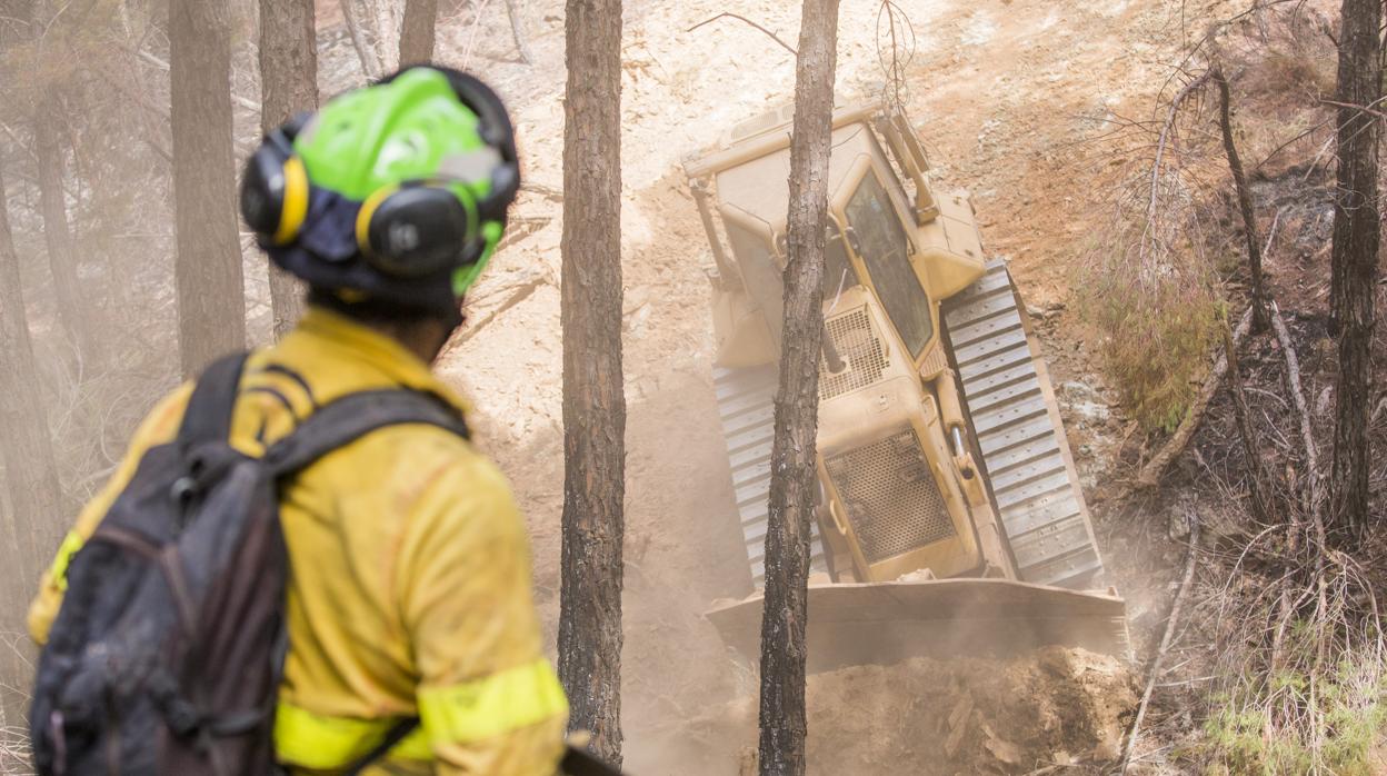 Un bombero del Infoca en los trabajos de extinción del incendio de Almonaster la Real