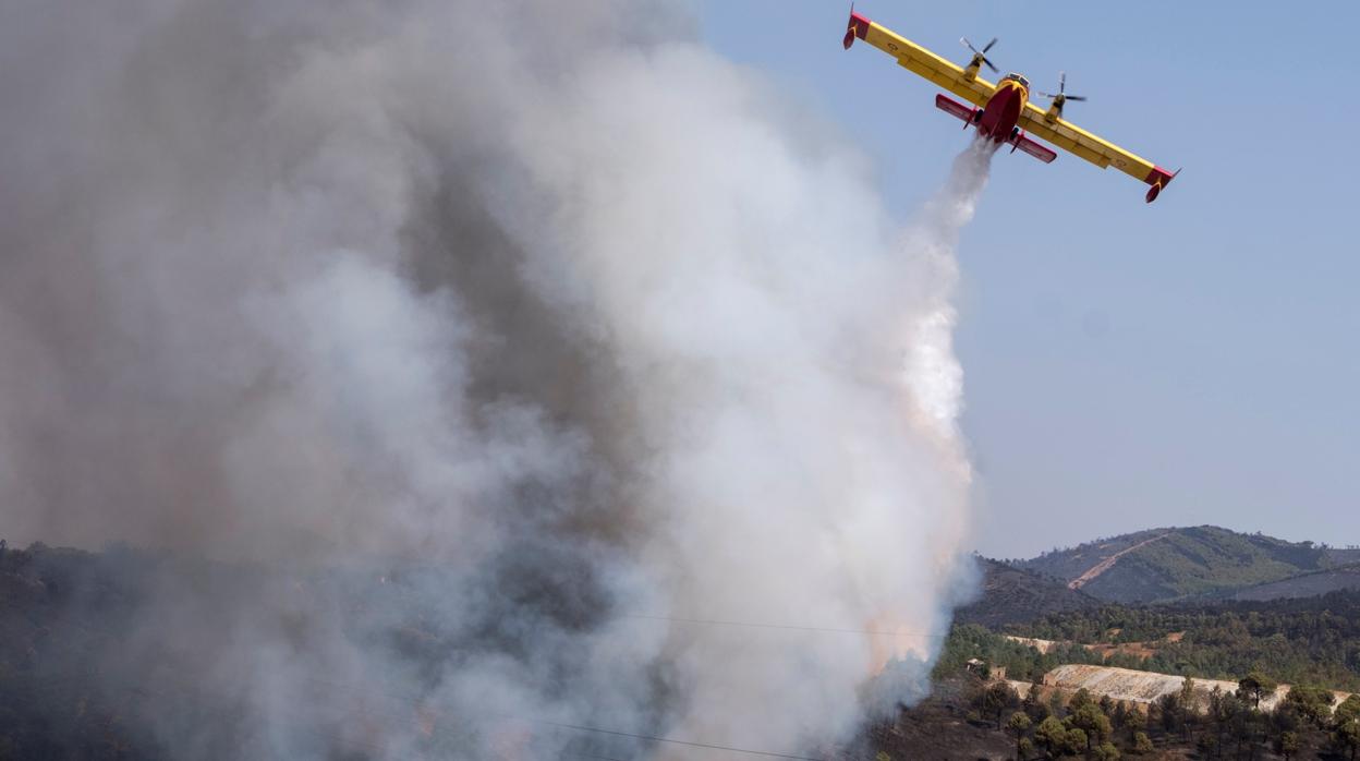 Una avioneta arroja agua en el incendio que arrasó masa forestal en Nerva a principios de agosto