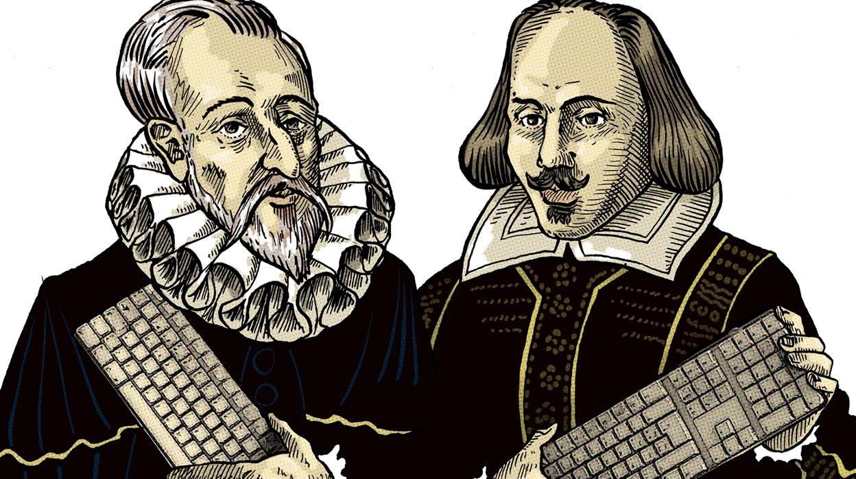 Caricaturas de Cervantes y Shakespeare juntos con sendos teclados de ordenador en la mano