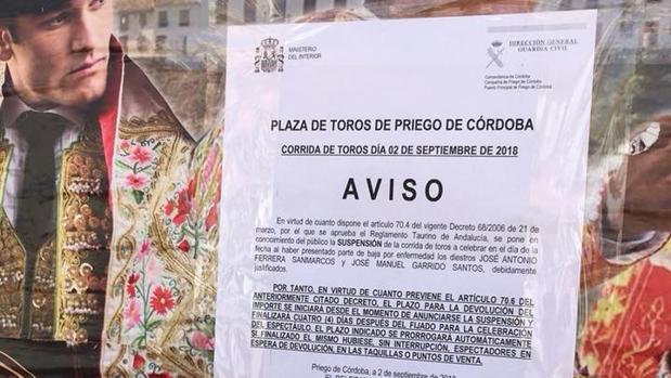 La corrida de Priego de Córdoba, suspendida al ser baja dos de los toreros anunciados