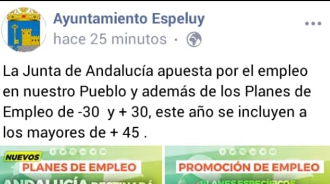 Mensaje publicado en la página de Facebook del Ayuntamiento de Espeluy