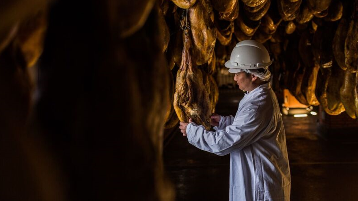 Un miembro de la delegación China durante la visita a una bodega de jamones de Jabugo