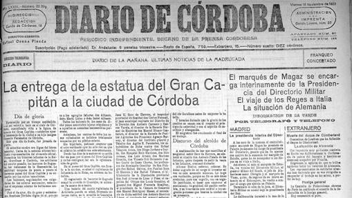 Portada del Diario de Córdoba el día de la inauguración de la estatua