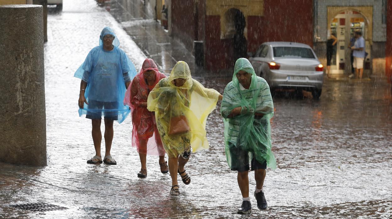 Cuatro personas pasean por Córdoba con chubasqueros