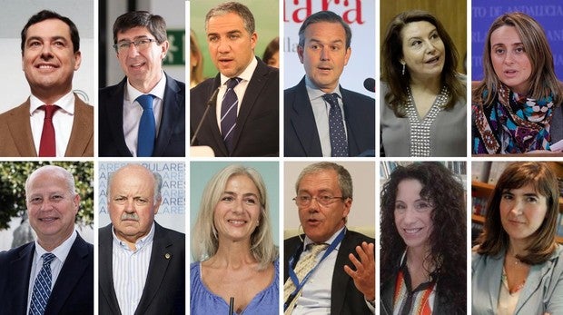 Elías Bendodo, Jesús Aguirre, Alberto García Valera, Marifrán Carazo, Patricia del Pozo y Carmen Crespo, consejeros del PP en el Gobierno de Juanma Moreno