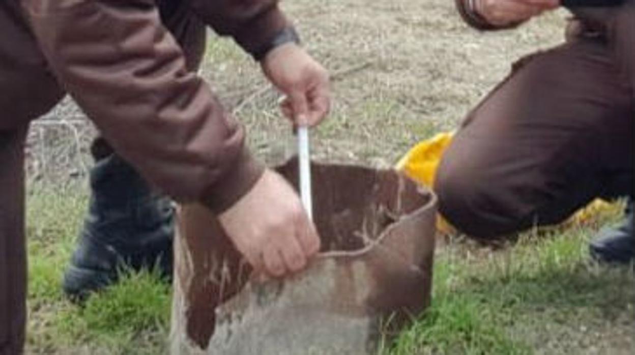 Trabajadores de la guardería rural miden el diámetro del pozo