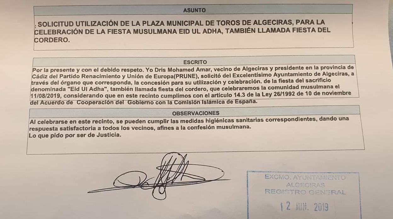 Imagen del escrito presentado por este partido en el Ayuntamiento de Algeciras.