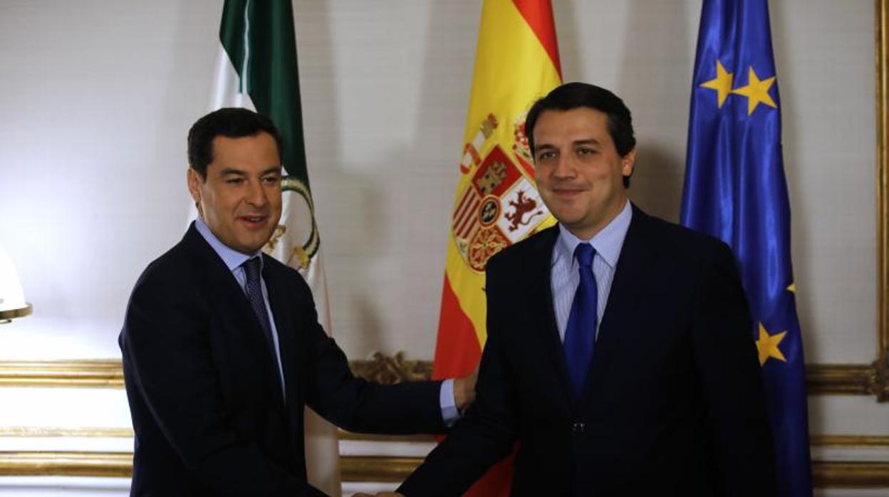 Juan Manuel Moreno y José María Bellido este lunes en el Palacio de San Telmo