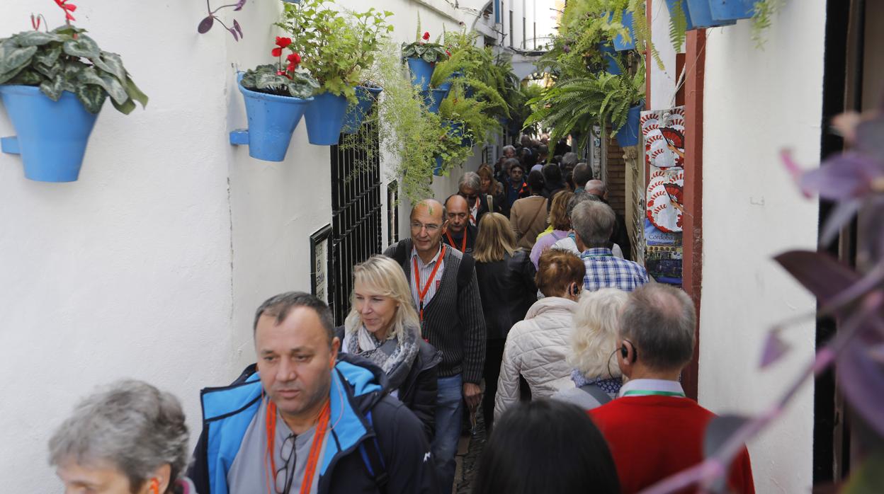 Un grupo de turistas en la calleja de las Flores