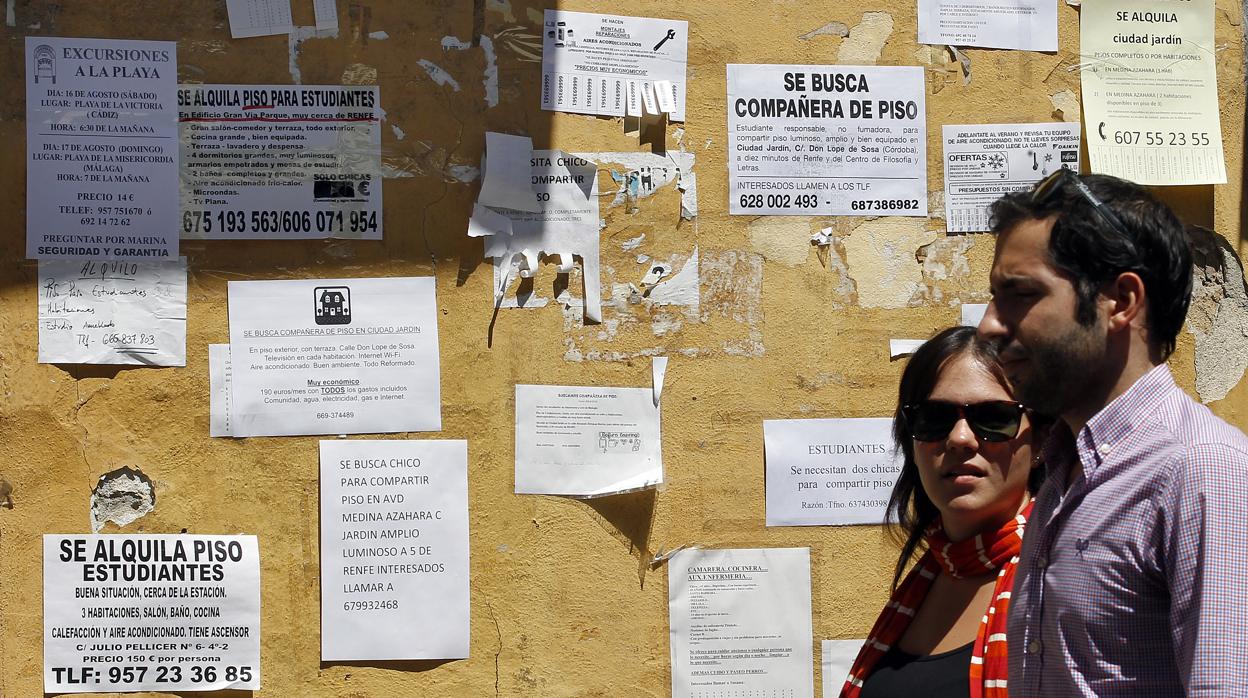 Una pareja pasa frente a una pared llena de anuncios de alquiler