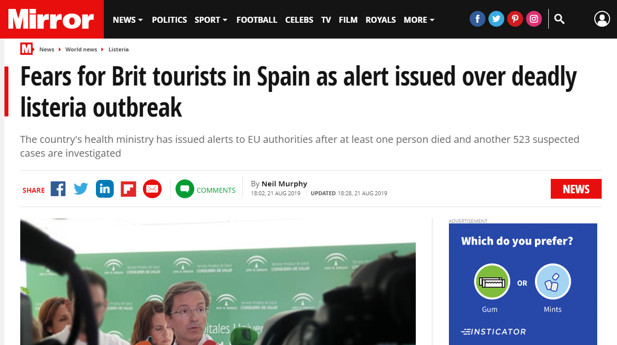 Titular de la noticia en la edición digital del Daily Mirror