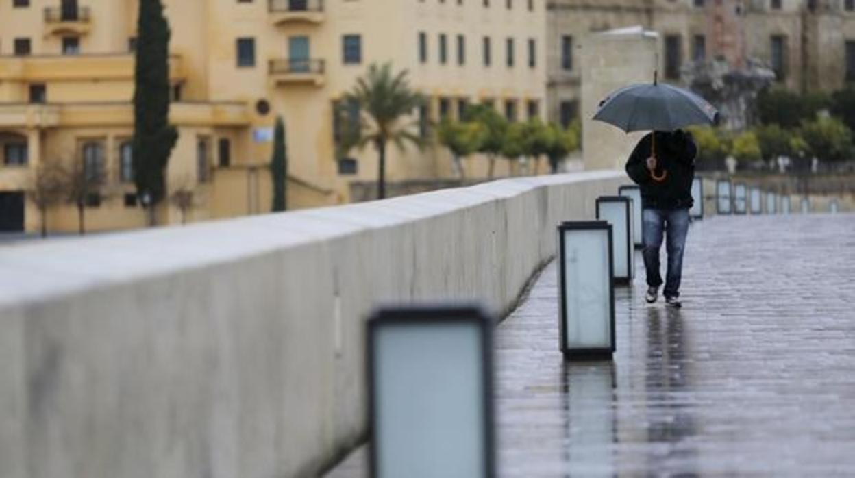 Un joven se resguarda de la lluvia en el Puente Romano