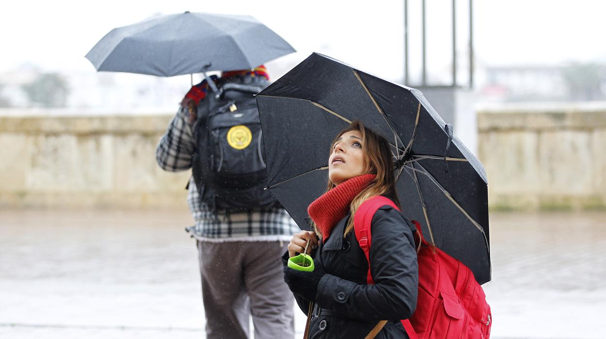 Una mujer se protege del viento y el frío en Córdoba