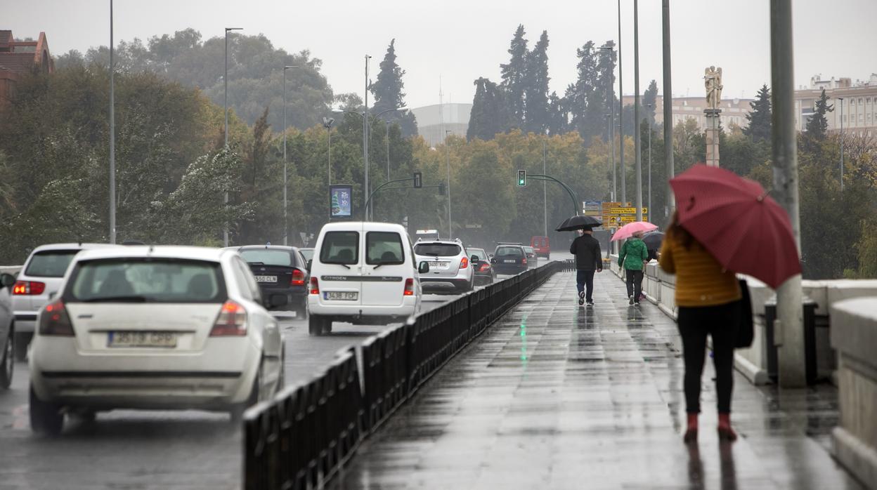 Tráfico sobre el Puente de San Rafael, con varios peatones cruzándolo por la acera