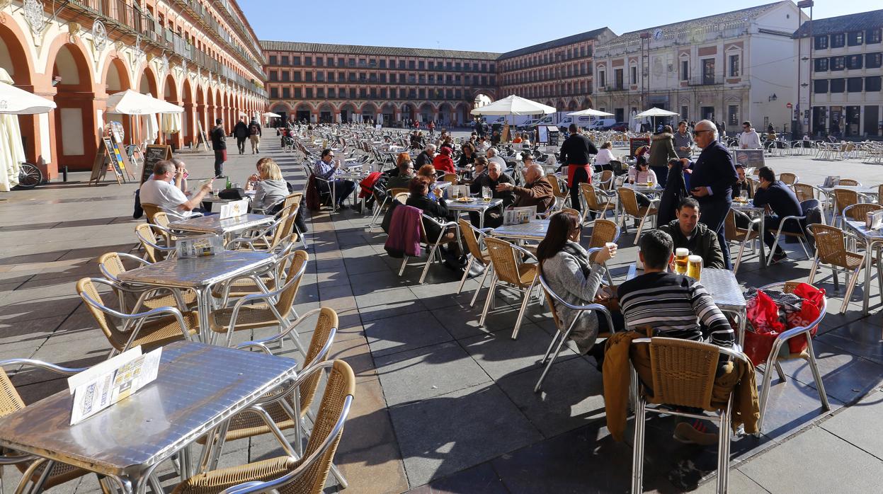 Cordobeses disfrutan del sol en la Plaza de la Corredera