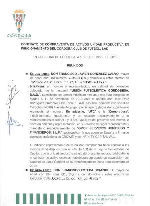 Primera hoja del contrato de compraventa de la unidad productiva del Córdoba