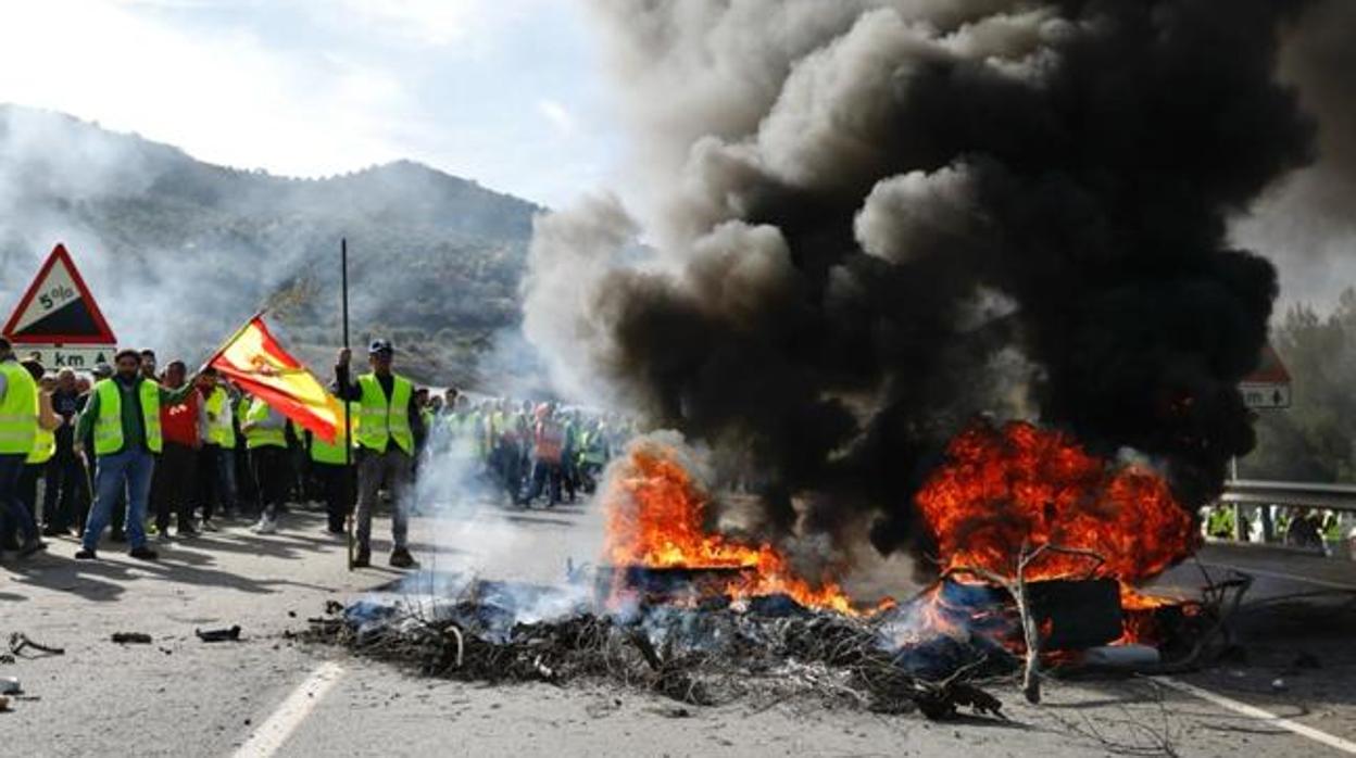 Cientos de agricultores han cortado la A-44 en Granada con tractores y neumáticos ardiendo.