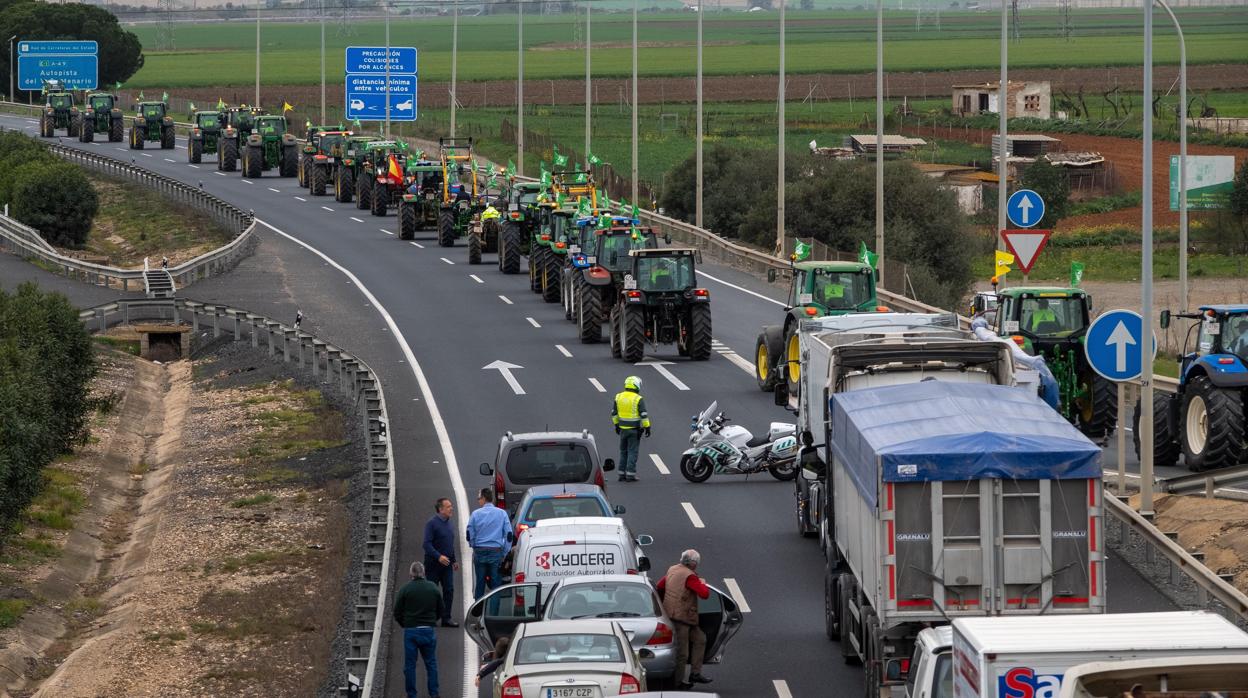 Vehículos esperando en la A-49 mientras la tractorada avanza por la autovía en San Jjuan del Puerto