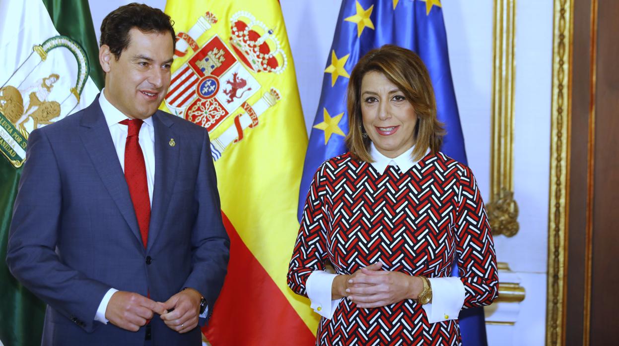 El presidente de la Junta, Juanma Moreno, recibió este viernes a la líder del PSOE-A, Susana Díaz, en el Palacio de San Telmo