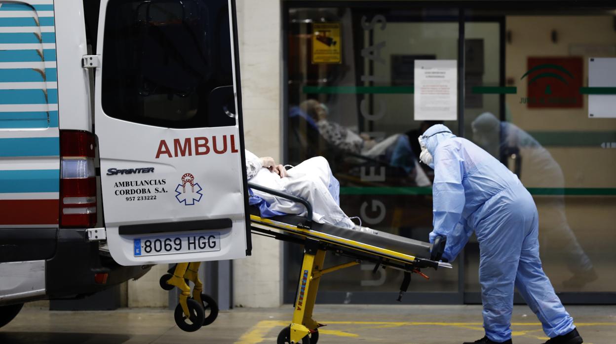 Un hombre baja a un paciente de una camilla en el hospital Reina Sofía de Córdoba