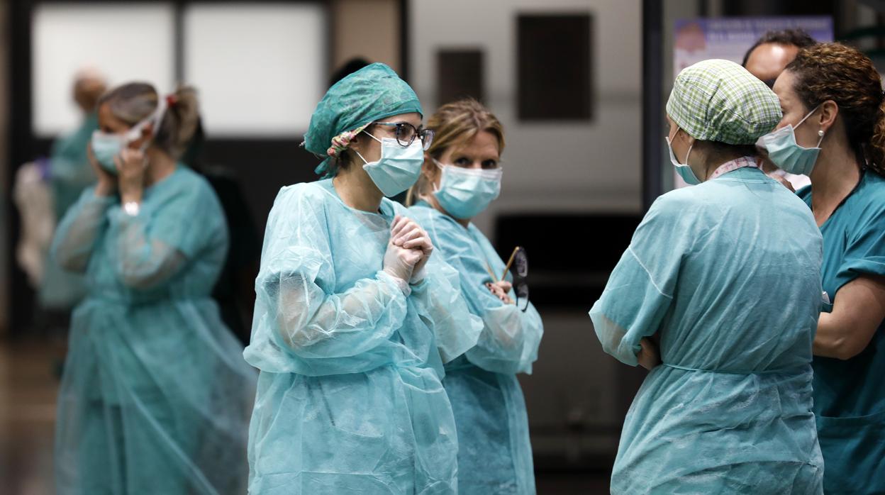 Profesionales sanitarios, en la puerta del hospital Reina Sofía