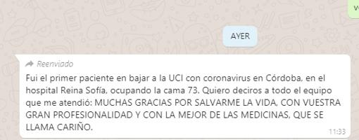 Mensaje enviado por el primer paciente curado de coronavirus al equipo de la UCI