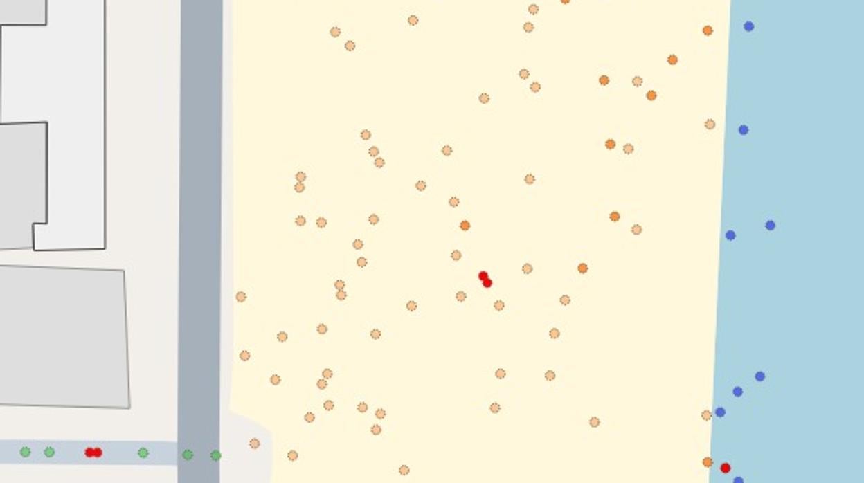 Cada persona se visualiza como un círculo con un diámetro de dos metros para simular el distanciamiento social