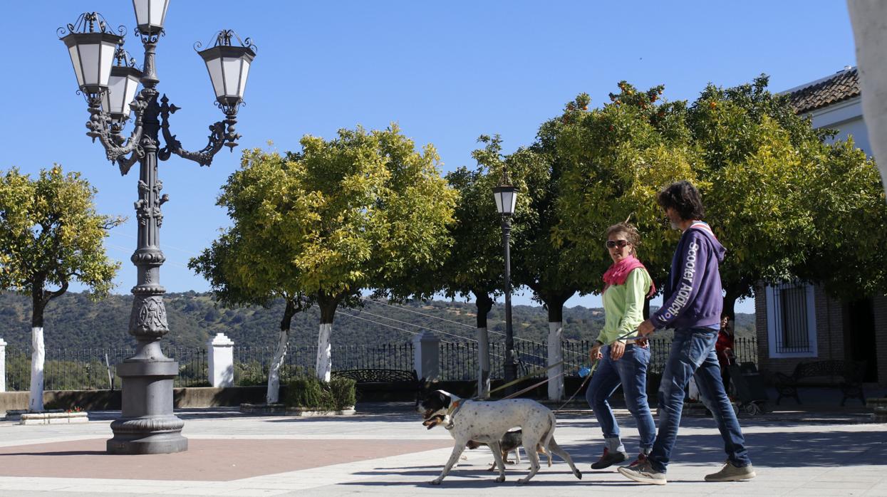 Una pareja pasea unos perros en una plaza de Hornachuelos