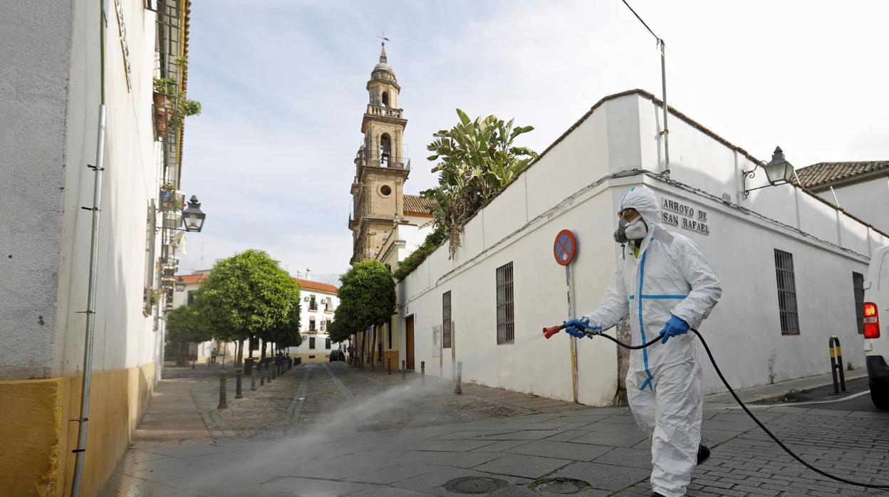 Un operario de Sadeco desinfecta calles del barrio de San Agustín de Córdoba