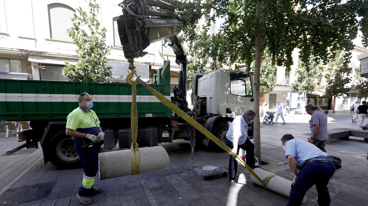 Operarios del Ayuntamiento de Córdoba retiran los restos de la columna dominica este lunes