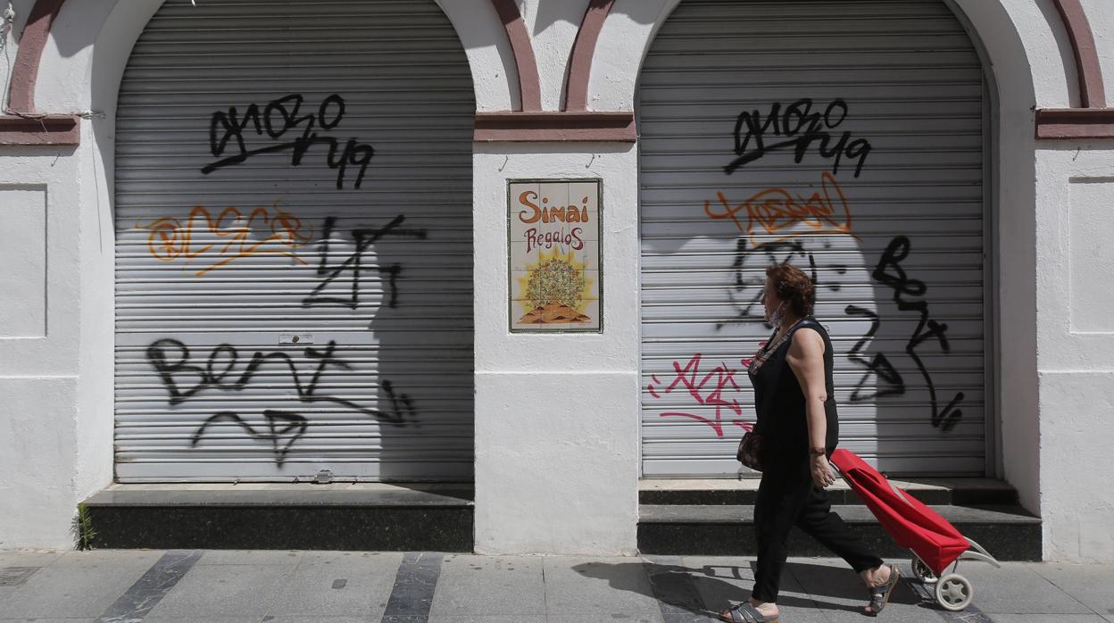 Una mujer con un carro de la compra, delante de una tienda de recuerdos de La Judería